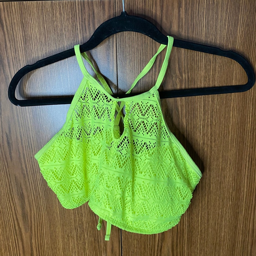 OP Crochet High Neck Bikini Top Womens XL Neon Yellow Boho Flounce